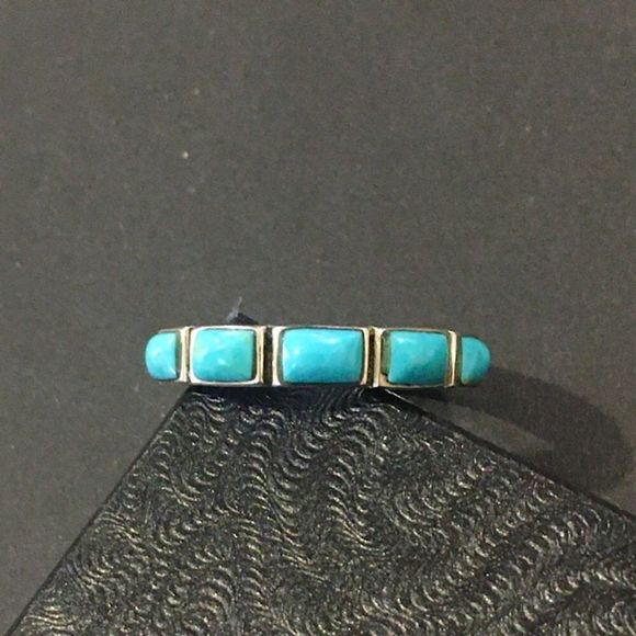 Sterling Silver Turquoise Cabochon Inlay Band Ring Sz 8 - Picture 5 of 7